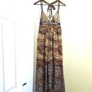Lyndia by Lyndia Prochnik Leopard Print Boho Maxi Dress Crochet Wood Beads 10